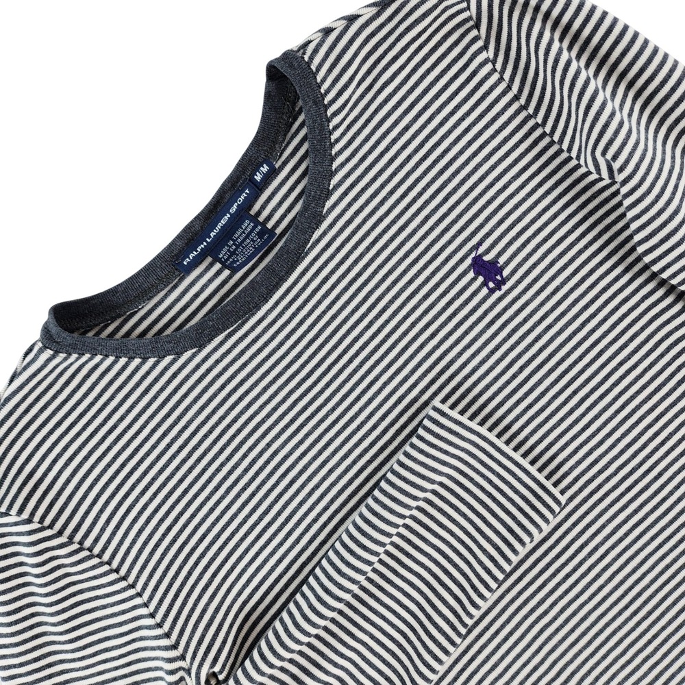 Ralph Lauren Sport Top Women Medium Grey White Striped Cotton Long Sleeve